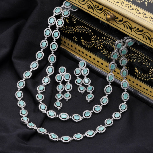 Bespoke Luxury Mint Green Layered Cubic Zirconia Necklace Earings Set Bridal Necklace Party Wear Jewelry Set
