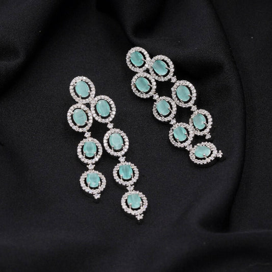 Bespoke Luxury Mint Green Layered Cubic Zirconia Necklace Earings Set Bridal Necklace Party Wear Jewelry Set