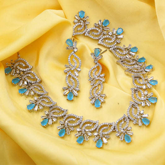 VALLAKI HANDMADE Luxury Mint Green Necklace Set with Earrings in High Quality CZ Stone in Brass Wedding wear Jewelery Set