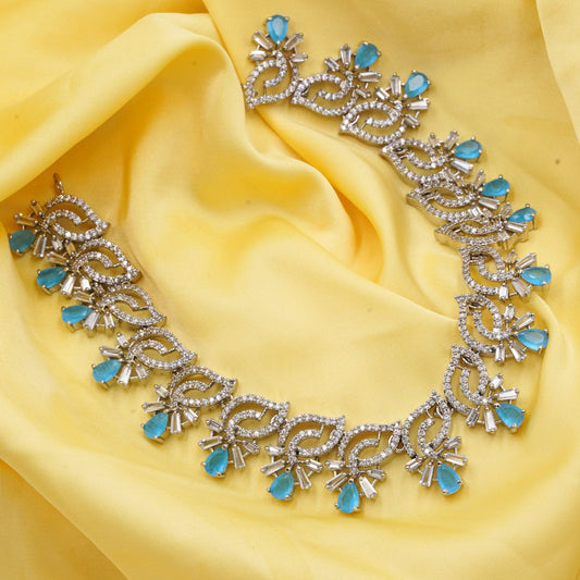 VALLAKI HANDMADE Luxury Mint Green Necklace Set with Earrings in High Quality CZ Stone in Brass Wedding wear Jewelery Set