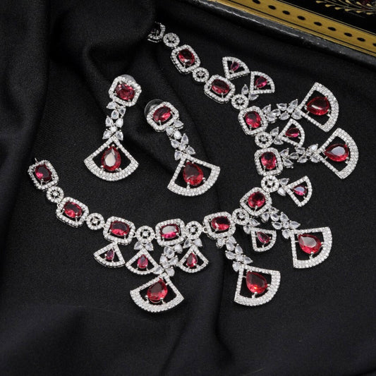 VALLAKI HANDMADE Luxury White and Red CZ Necklace Set with Earrings in High Quality CZ Stone in Brass Wedding wear Jewelery Set
