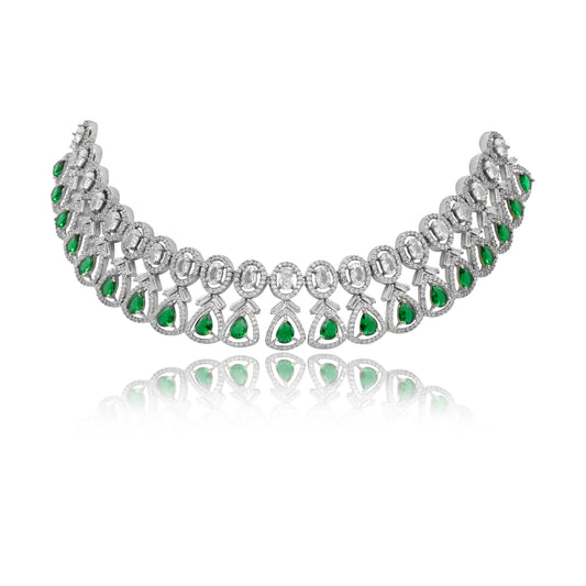 VALLAKI Luxury White Emerald Green Cubic Zirconia Necklace Set with Earrings in Brass Wedding wear Jewelery Set