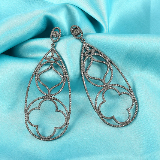 Pave Diamond Long Drop Lotus Flower Dangle Earrings With Black Rhodium