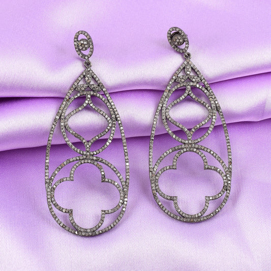 Pave Diamond Long Drop Lotus Flower Dangle Earrings With Black Rhodium