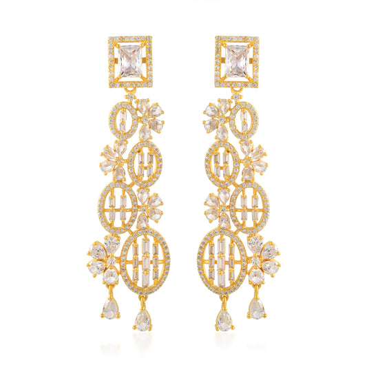 Charming Golden Long CZ Beaded Dangle Earrings With 14K Gold