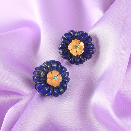 Lapis Lazuli Blue Floral Stud Earrings with Emerald Center