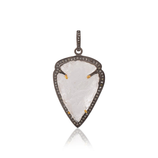 Pave Diamond Teardrop Raw Crystal Pendant in 925 Sterling Silver Handmade Jewelry