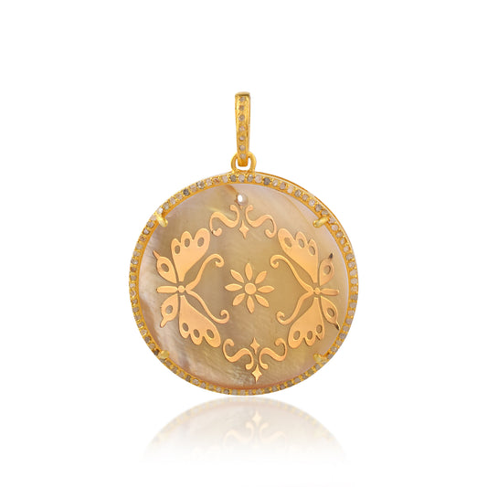 One of a Kind Pave Diamond Carved Mother of Pearl Lady Cameo handmade 14k Yellow Gold Round Pendant in 925 Sterling Silver Gold Dipped Vintage Collection