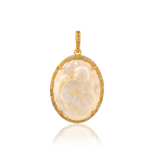 One of a Kind Pave Diamond Carved Mother of Pearl Lady Cameo handmade 14k Yellow Gold Round Pendant in 925 Sterling Silver Gold Dipped Vintage Collection