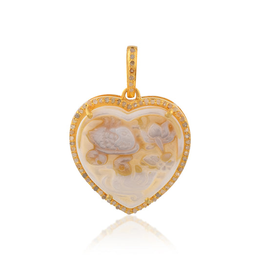 Heart Shaped One of a Kind Pave Diamond Carved Mother of Pearl Lady Cameo handmade 14k Yellow Gold Pendant in 925 Sterling Silver Gold Dipped Vintage Collection