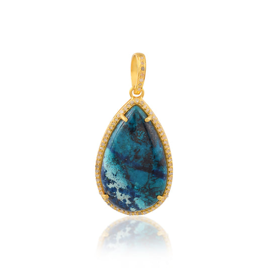 Shattuckite Teardrop Turquoise Pendant in 925 Sterling Silver with Pave Diamond Cage and Clip hook handcrafted Jewelery