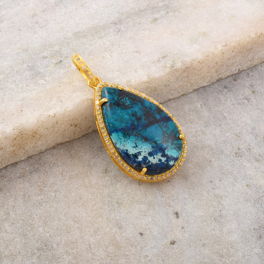 Shattuckite Teardrop Turquoise Pendant in 925 Sterling Silver with Pave Diamond Cage and Clip hook handcrafted Jewelery