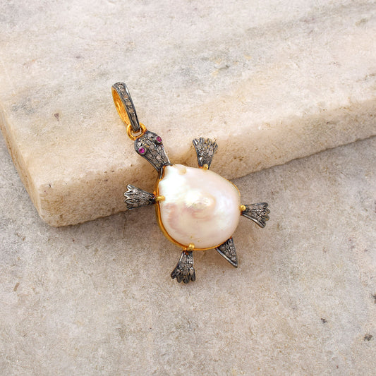 Fresh water Natural Mother of Pearl Sea Shell Pendant 925 Sterling Silver with Natural Uncut Diamond with Feather on it