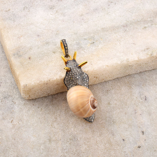 ONE OF A KIND Natural Fresh water Sea shell Snail Pendant with Pave Diamond in 925 Sterling Black Rhodium Antique style Vintage Pendant Waterbody Jewelery