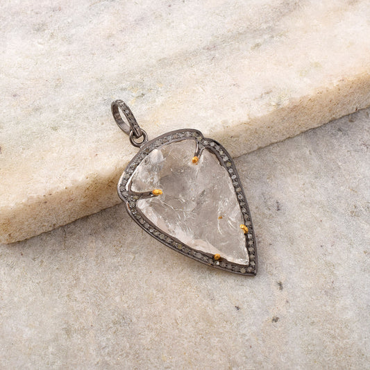 Pave Diamond Teardrop Raw Crystal Pendant in 925 Sterling Silver Handmade Jewelry