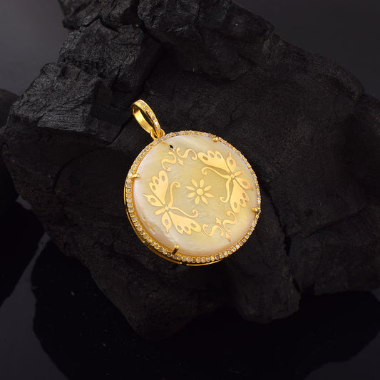 One of a Kind Pave Diamond Carved Mother of Pearl Lady Cameo handmade 14k Yellow Gold Round Pendant in 925 Sterling Silver Gold Dipped Vintage Collection