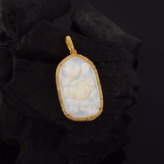 One of a Kind Pave Diamond Carved Mother of Pearl Lady Cameo handmade 14k Yellow Gold Long Pendant in 925 Sterling Silver Gold Dipped Vintage Collection