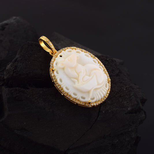 One of a Kind Pave Diamond Carved Mother of Pearl Lady Cameo handmade 14k Yellow Gold Oval Pendant in 925 Sterling Silver Gold Dipped Vintage Collection