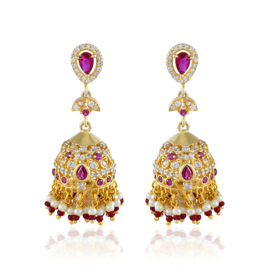 Elegance Shine Gold-Plated Pink Fluorite Jhumka Earrings With 14K Gold
