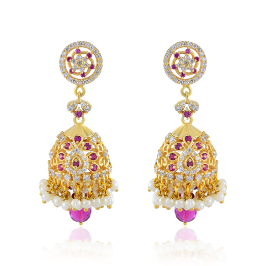 Golden Vine Minakari Jhumka Earrings with CZ Stones in 14K Gold Finish