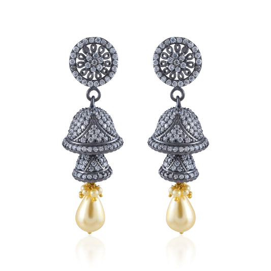 Antique Mayur Jali Jhumka Earrings with Pearl Lamps in 925 Silver.