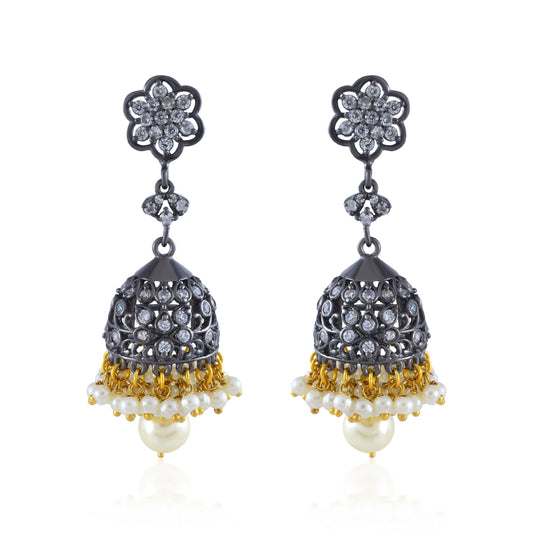 Antique Mayur Jali Black Rhodium Jhumka Earrings with Elegant Pearl Adornments.