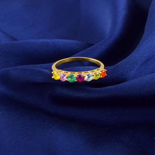 Rainbow 7 Color Stone Ring Band with Gold Plated Rhyno Stone