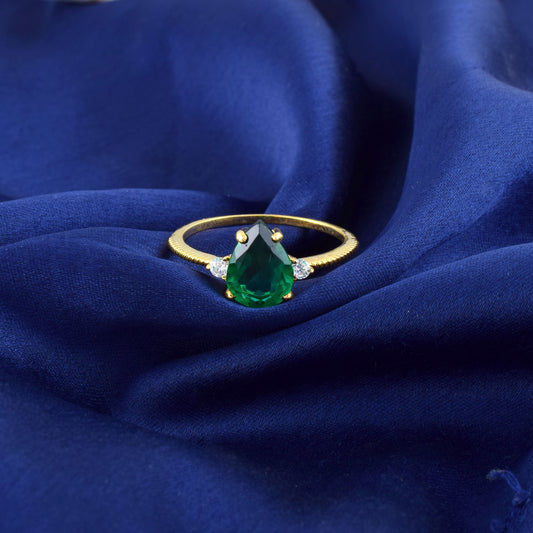 Pear Shaped Emerald Engagement Ring With Gold Plated