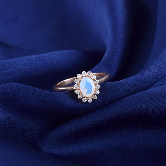 Natural Sterling Silver Blue Oval Fire Opal Rose Gold Ring