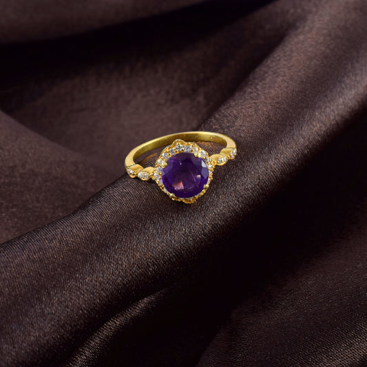 Sparkling Silver Amethyst Gold Engagement & Promise Ring with Rhyno Stone