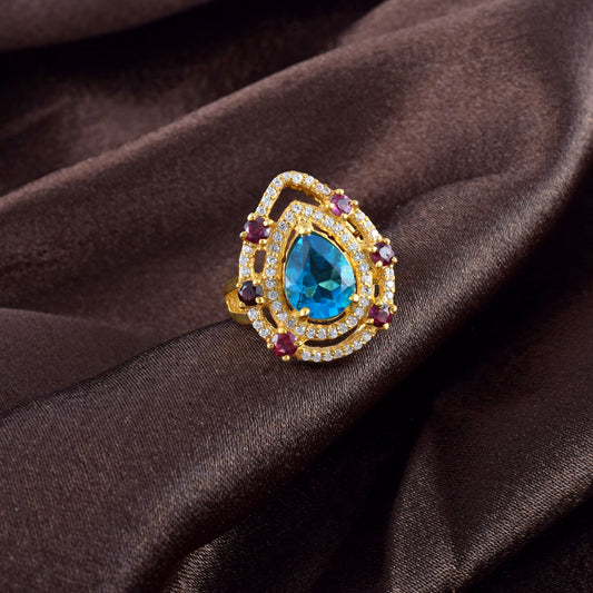 Natural Pear Shaped Blue Topaz In Centre With 14K Gold Statement Ring
