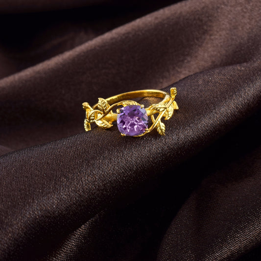 Majestic Amethyst Silver Promise Ring with Leaves and Petals