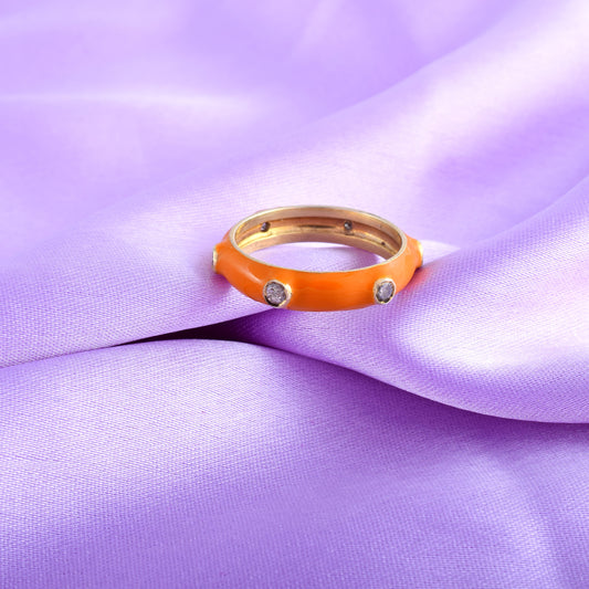 Elegance Pave Diamond Orange Enamel Eternity Ring Band