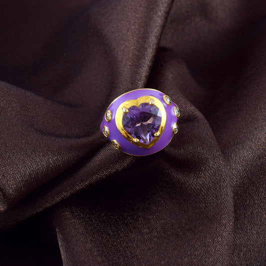 Enamel Heart Natural Amethyst Statement In Yellow, Blue Ring