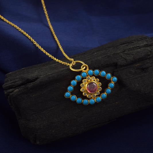 14K Gold Plated 925 Sterling Silver Pendant with Pave Diamond, Natural Turquoise, and Red Tourmaline