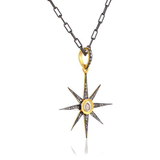 HANDMADE MINIMAL Pave Diamond Starburst Pendant in 925 Silver Centered Enamel Pendant Diamond Pendant Handmade Jewelry