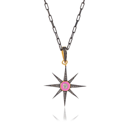 HANDMADE MINIMAL Pave Diamond Starburst Pendant in 925 Silver Centered Enamel Pendant Diamond Pendant Handmade Jewelry