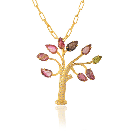 HANDMADE Multi Tourmaline Tree Pendant 925 Sterling Silver Handmade Natural Tourmaline Pendant