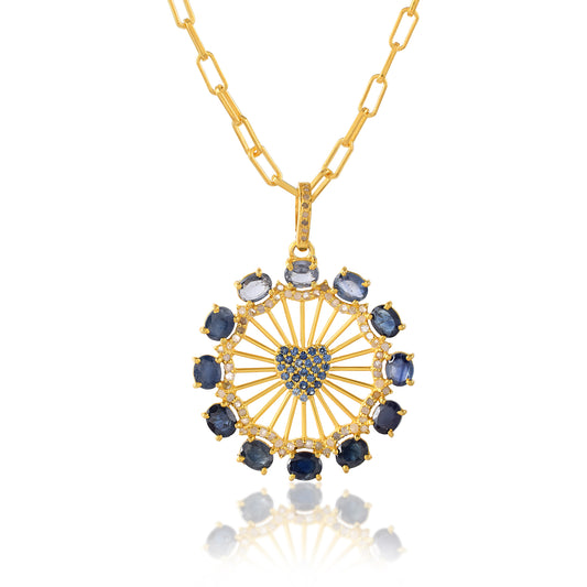 Unique HANDMADE Love Pendant Natural Blue Sapphire Heart Shaped 925 Sterling Silver Natural gemstone Studded Round Pendant