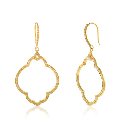 Light Weight Pave Diamond Vermeil Earrings Dangle Drop Everyday Wear Gold Frame Earrings