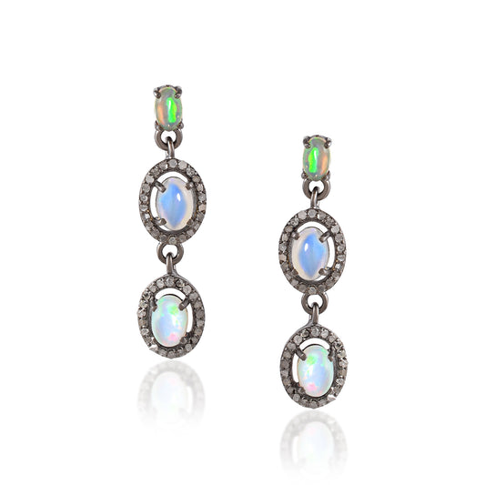 One-Of-A-Kind Natural Moonstone Layered Handmade Dangle Earrings In 925 Silver With Pave Diamond