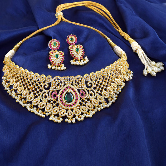 Lavish Bridal Bollywood Style Necklace Set with 14K Gold and Rhyno Stone.
