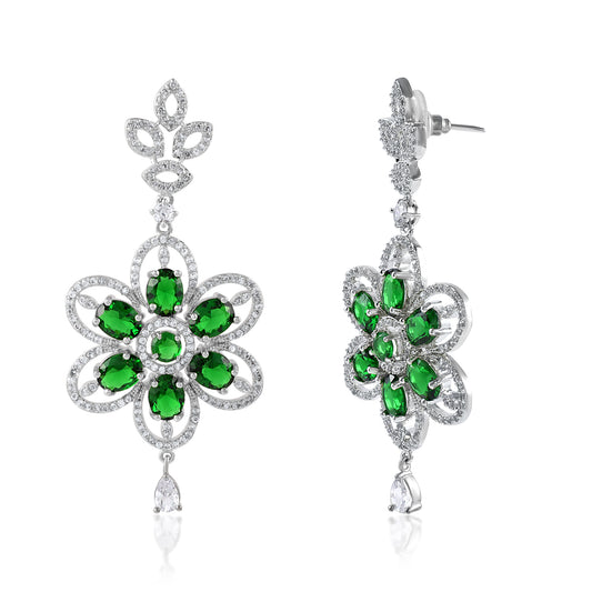 Handmade Cz Dangle Earrings Brass In Shining Cz Floral Long Dangle Drop Earrings Anniversary Gift For Womans Birthday Gift For Womans