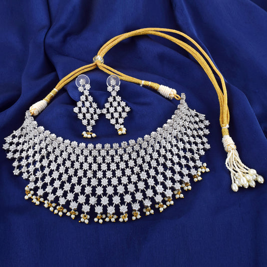 Moonlight White Exclusive Heavy Full Neck Choker Necklace Set in 925 Sterling Silver.