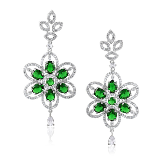 Handmade Cz Dangle Earrings Brass In Shining Cz Floral Long Dangle Drop Earrings Anniversary Gift For Womans Birthday Gift For Womans