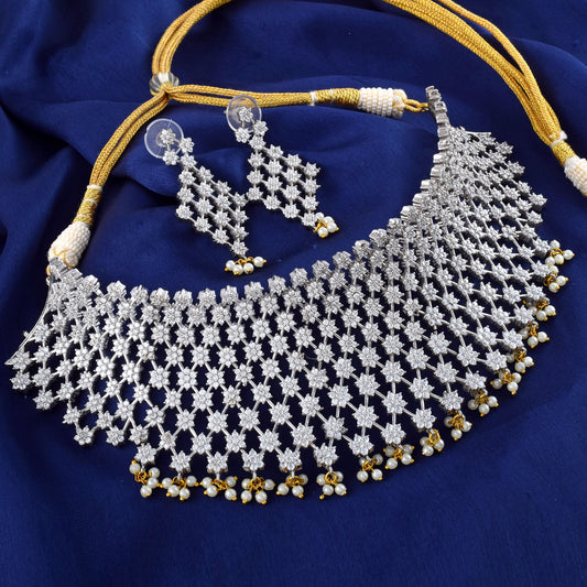 Moonlight White Exclusive Heavy Full Neck Choker Necklace Set in 925 Sterling Silver.