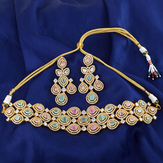 Stylish Mint Pink and Green Full Neck Choker Set in 925 Silver with 14K Gold.