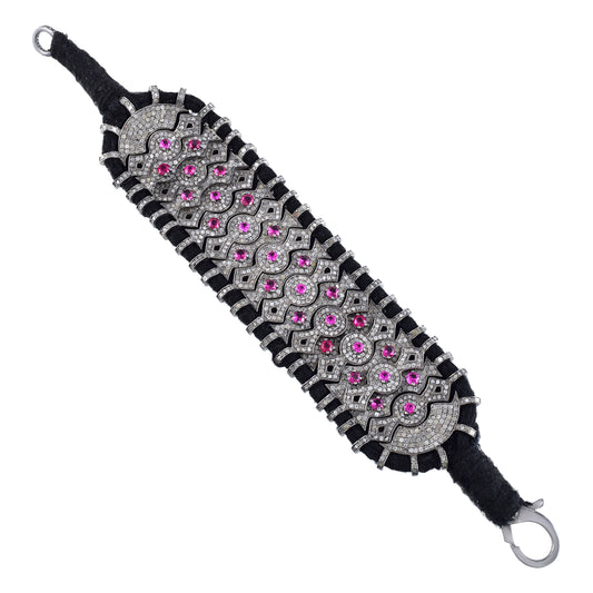 Luxurious Silver Lock Bracelet with Natural Diamond and Ruby Accents