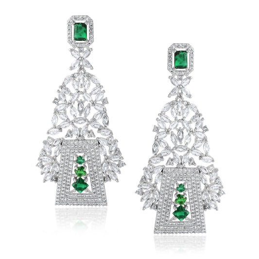 Handmade White Zirconia Green Emerald Cz Layered Light Weight Jhumka Earrings 33 Grams Long Earrings In High Quality Brass
