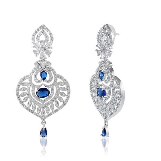 Handmade White Blue Zirconia Big Layered Light Weight Jhumka Earrings 18Grams Long Earrings In High Quality Brass Best For Wedding & Gifting